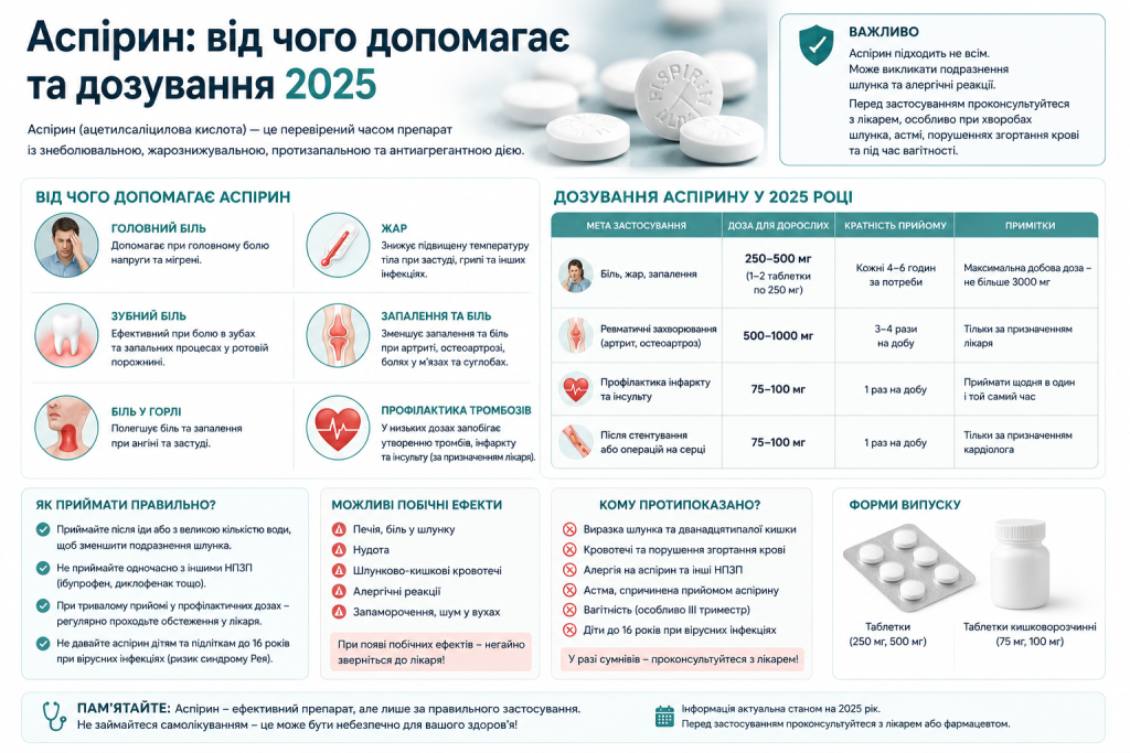 Інфографіка про препарат аспірин — показання до застосування, дози для дорослих, правила прийому, побічні ефекти та протипоказання