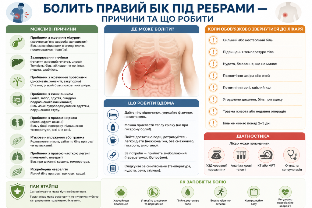 Інфографіка про можливі причини болю в правому боці під ребрами
