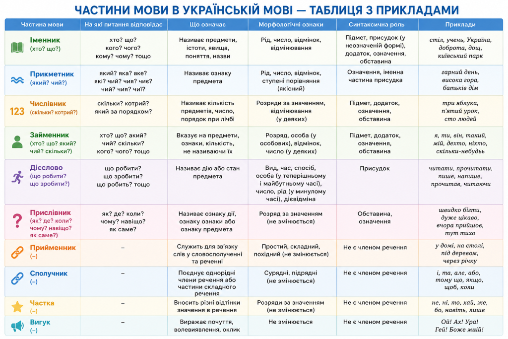 Таблиця частин мови української мови з основними ознаками, питаннями, синтаксичною роллю та прикладами використання.