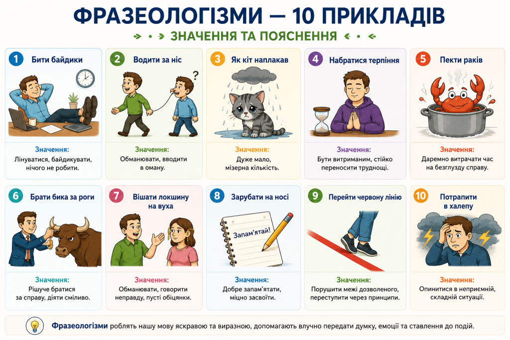 Інфографіка з десятьма поширеними українськими фразеологізмами та поясненням їхнього значення