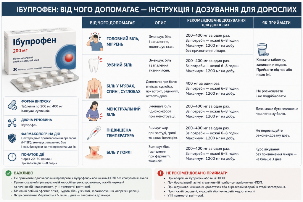 Інфографіка з упаковкою ібупрофену 200 мг та таблицею дозування при різних видах болю