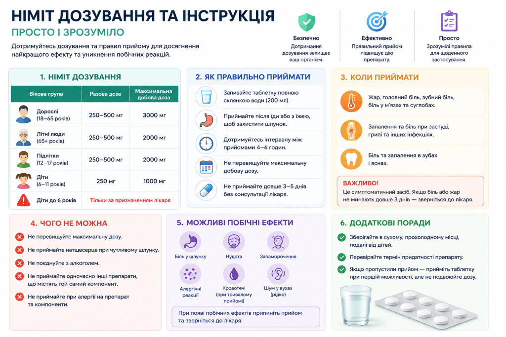 Інфографіка з інструкцією щодо застосування препарату Німіт — дозування за віковими групами, правила прийому, показання, побічні ефекти та протипоказання