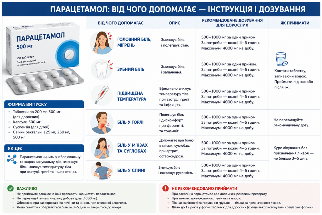 Інфографіка з упаковкою парацетамолу 500 мг та таблицею дозування для дорослих