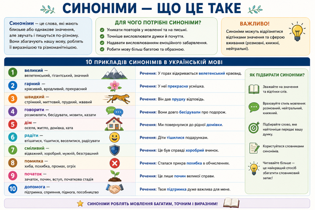 Інфографіка про синоніми в українській мові з визначенням, прикладами, порадами щодо добору синонімів і реченнями для кращого розуміння їх використання.