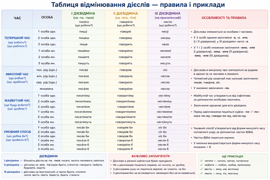 Інфографіка з таблицею відмінювання дієслів в українській мові за особами, часами та дієвідмінами.