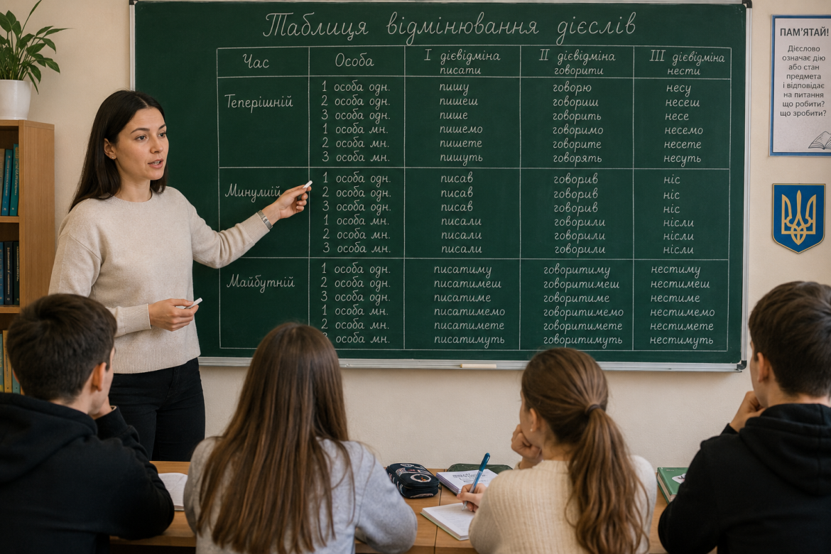 Урок української мови, під час якого вчителька пояснює правила відмінювання дієслів школярам.