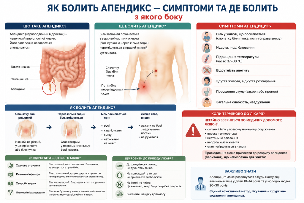 Інфографіка про симптоми апендициту та локалізацію болю