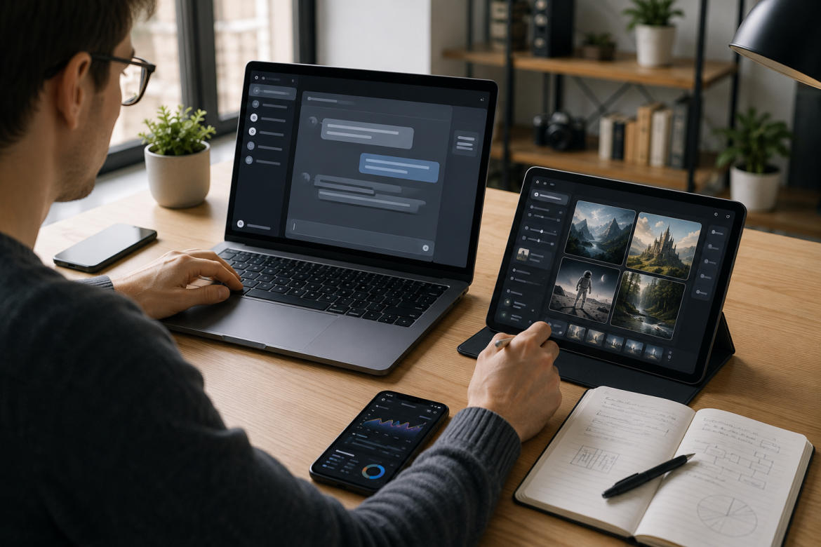 Чоловік використовує штучний інтелект на ноутбуці, планшеті та смартфоні для робочих завдань