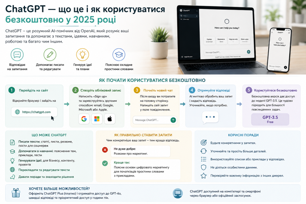 Інфографіка з покроковою інструкцією щодо початку роботи та правильного використання ChatGPT