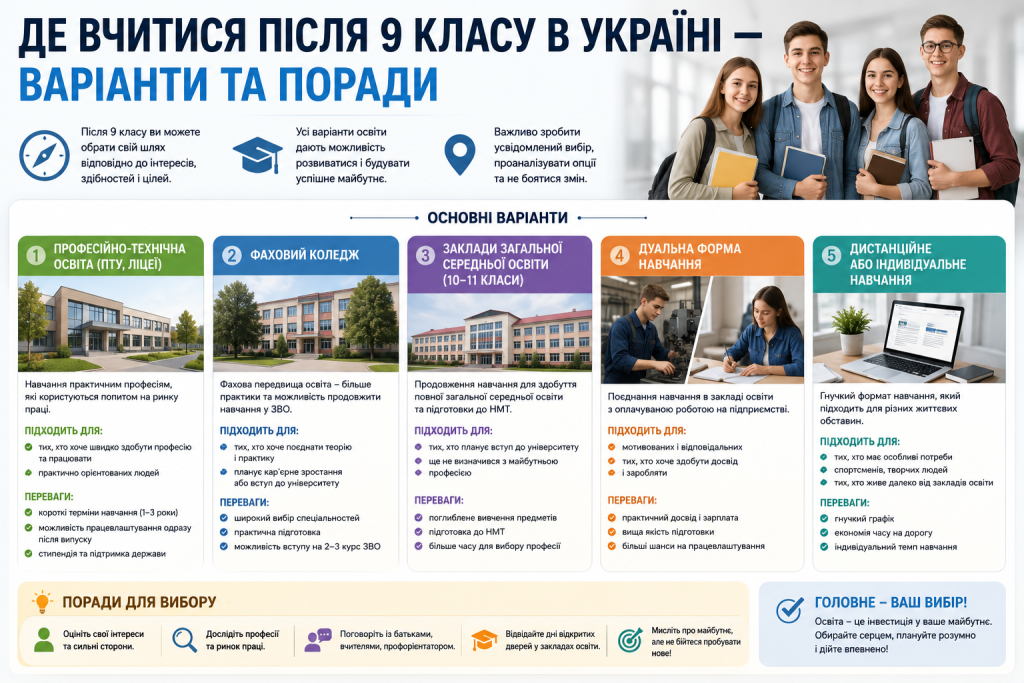Інфографіка про варіанти навчання після 9 класу в Україні, коледжі, ліцеї, профтехосвіту та дуальне навчання