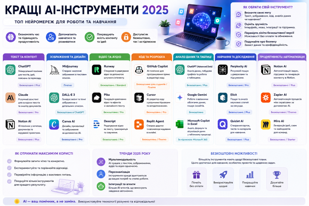Інфографіка з добіркою популярних AI-інструментів для текстів, дизайну, програмування й аналізу даних