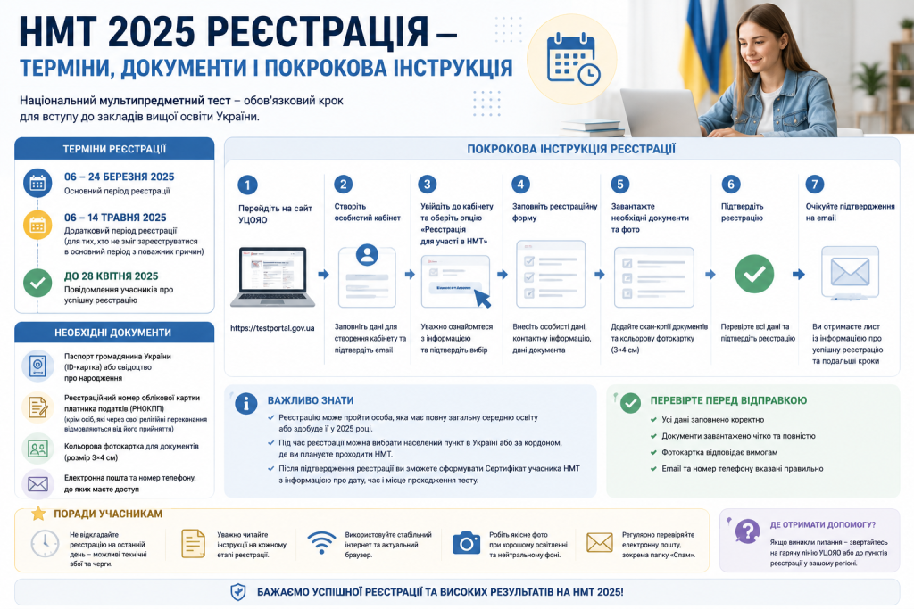 Інфографіка про реєстрацію на НМТ з термінами, необхідними документами та покроковою інструкцією
