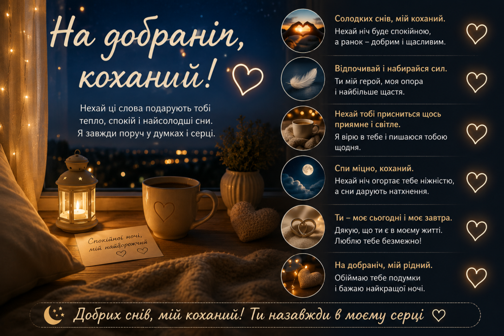 Романтична листівка з теплими побажаннями на добраніч коханому, нічним небом, ліхтарем і чашкою