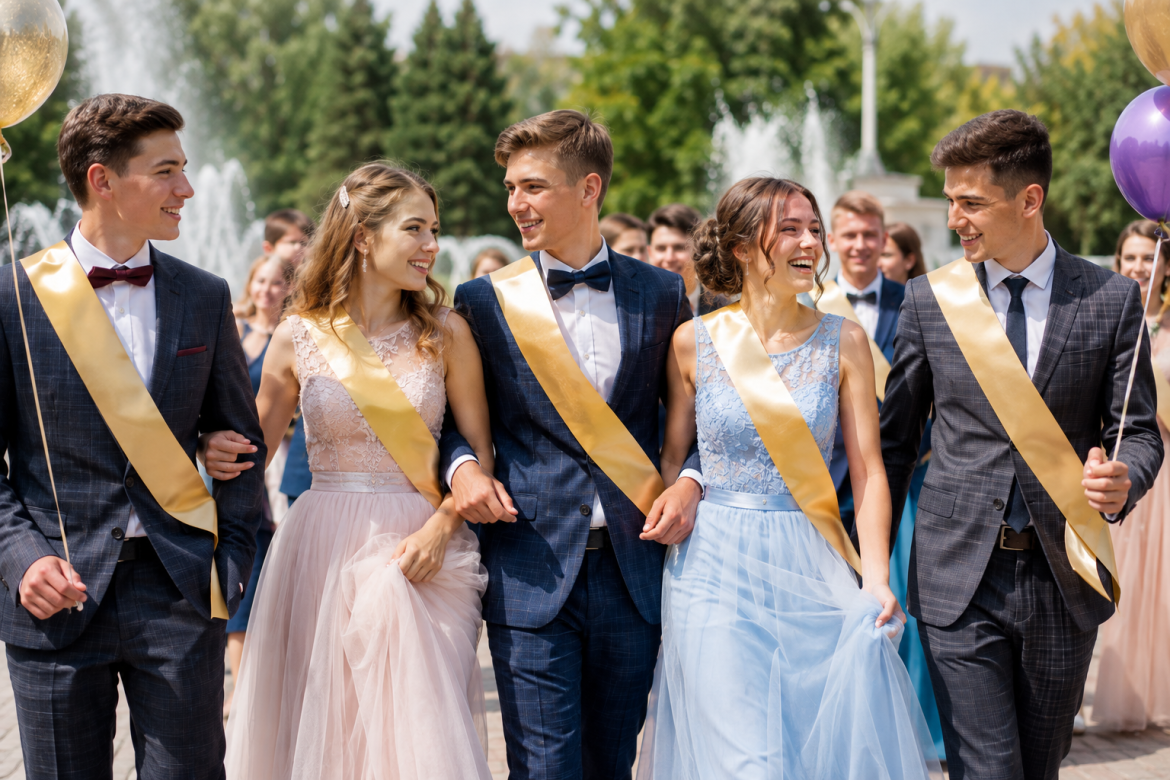 Група випускників після 9 класу у святковому одязі та стрічках разом відзначає закінчення навчання
