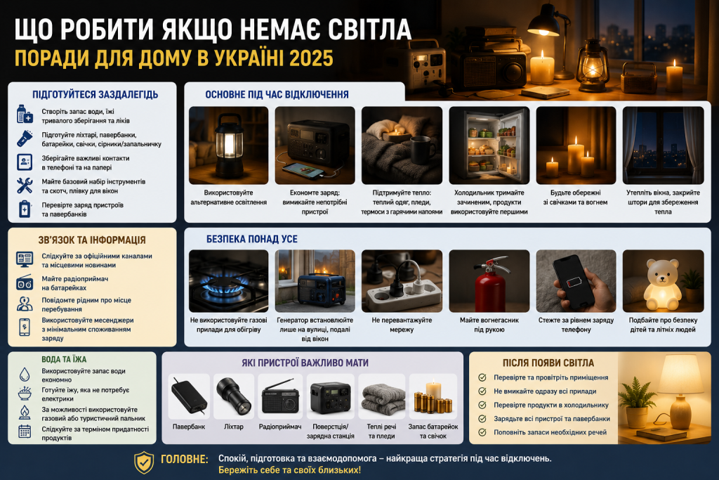 Інфографіка з порадами, що робити вдома під час відключення електроенергії та які речі підготувати заздалегідь