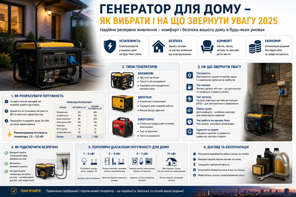 Інфографіка про вибір генератора для приватного будинку: потужність, типи генераторів, підключення та експлуатація